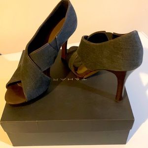 Worn one time, black, dark chocolate, open toe denim heels